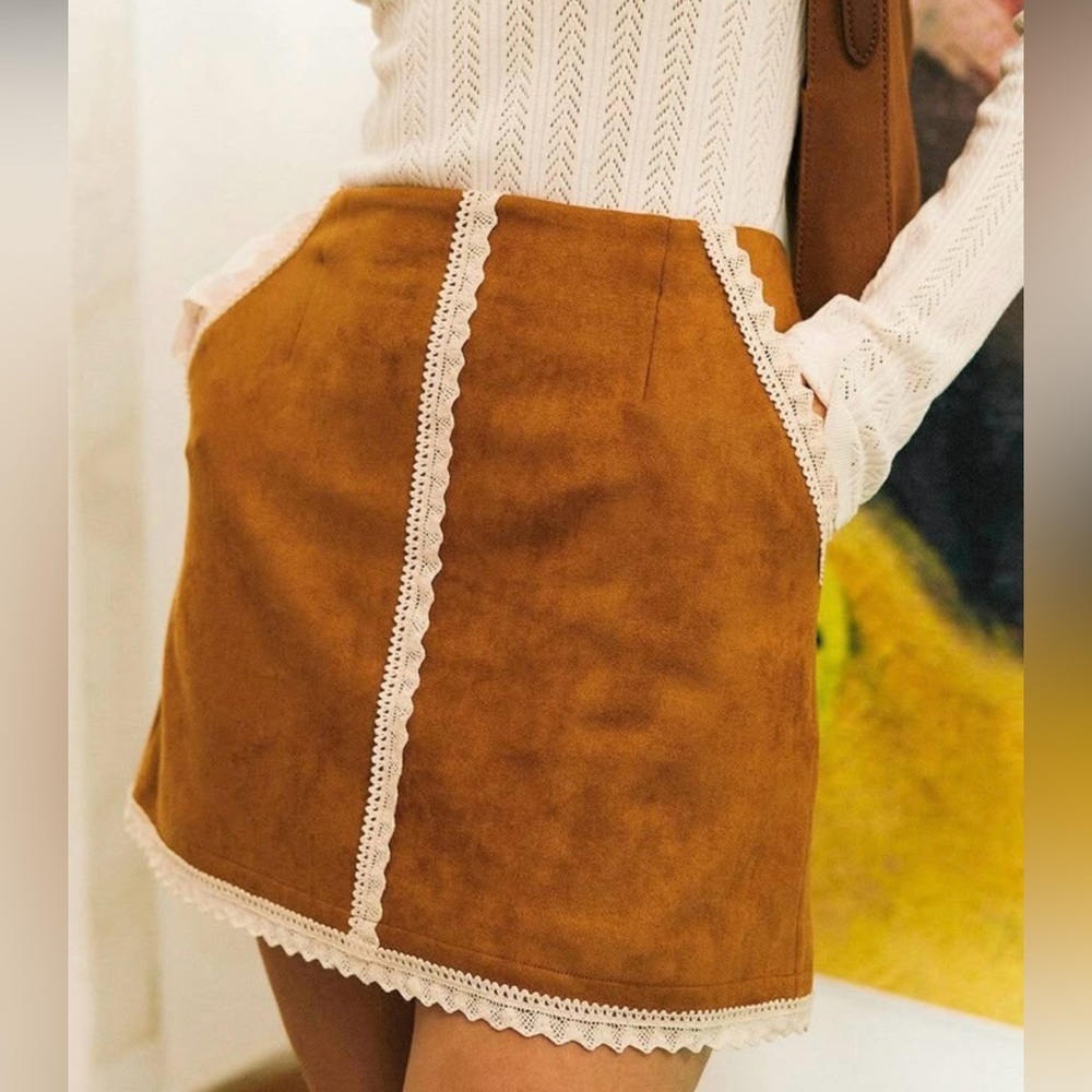 RIHOAS Tan Faux Suede Lace Trim Mini Skirt Western Nashville Style XS NWT - Picture 2 of 8